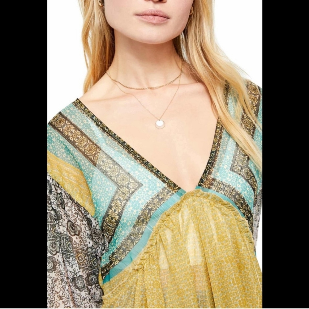 Womens Free People Aliyah Printed Metallic Sheer Boho Tunic Top Size XS - Picture 4 of 10